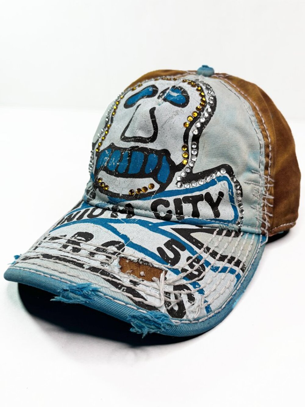 True Religion Uranium City Pi-Rats 59 Skull Rhinestone Distressed Cap Hat